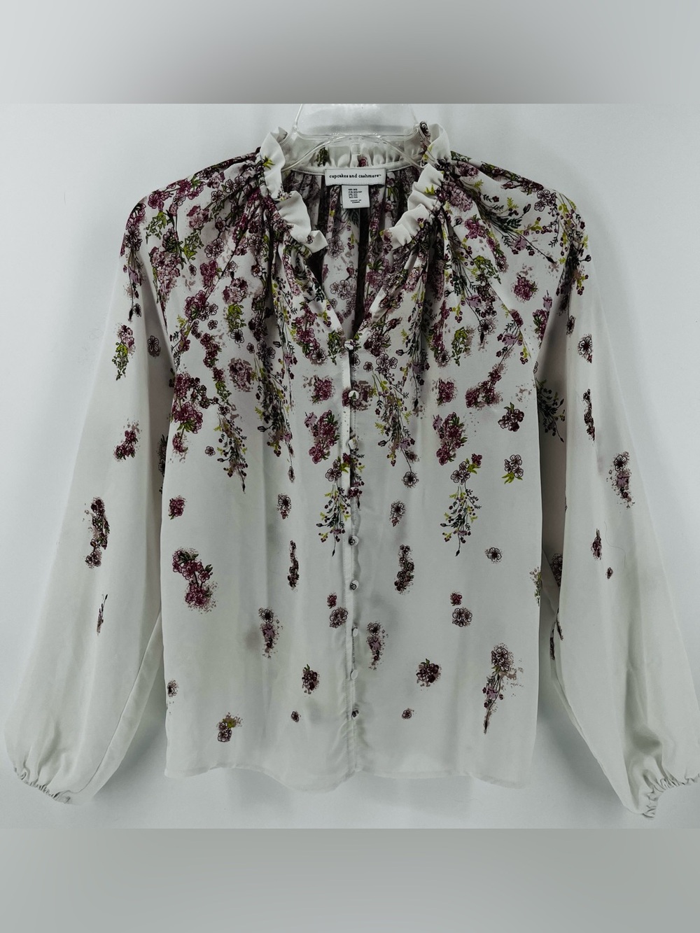 Cupcakes and Cashmere Floral Ruffle Collar Blouse XS Cottagecore Romantic Top
